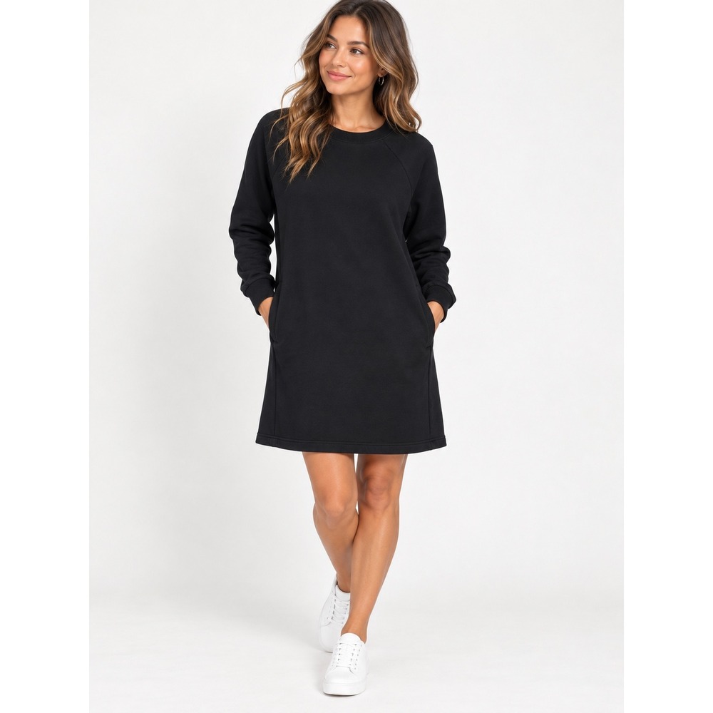 Pact Organic Cotton Sweatshirt Dress Womens M Black Casual Pockets Fleece Lined